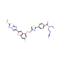 CCN(CCC#N)C(=O)c1ccc(-c2nc(COc3cc(F)cc4oc(-c5cn6nc(OC)sc6n5)cc34)cs2)cc1 ZINC000143359760