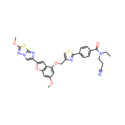 CCN(CCC#N)C(=O)c1ccc(-c2nc(COc3cc(OC)cc4oc(-c5cn6nc(OC)sc6n5)cc34)cs2)cc1 ZINC000653680408