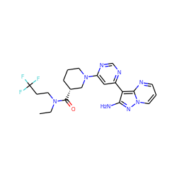 CCN(CCC(F)(F)F)C(=O)[C@@H]1CCCN(c2cc(-c3c(N)nn4cccnc34)ncn2)C1 ZINC000045256868