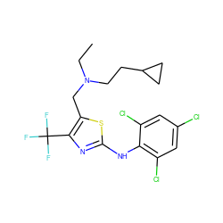 CCN(CCC1CC1)Cc1sc(Nc2c(Cl)cc(Cl)cc2Cl)nc1C(F)(F)F ZINC000028133504