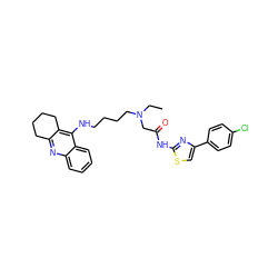 CCN(CCCCNc1c2c(nc3ccccc13)CCCC2)CC(=O)Nc1nc(-c2ccc(Cl)cc2)cs1 ZINC000095580080