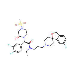 CCN(CCCN1CCC2(CC1)OCc1ccc(F)cc12)C(=O)[C@@H](c1ccc(F)c(F)c1)N1CCN(S(C)(=O)=O)CC1=O ZINC000042963805