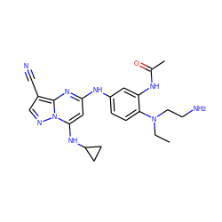 CCN(CCN)c1ccc(Nc2cc(NC3CC3)n3ncc(C#N)c3n2)cc1NC(C)=O ZINC000653840734