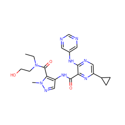 CCN(CCO)C(=O)c1c(NC(=O)c2nc(C3CC3)cnc2Nc2cncnc2)cnn1C ZINC000149032487