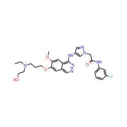 CCN(CCO)CCCOc1cc2cnnc(Nc3cnn(CC(=O)Nc4cccc(F)c4)c3)c2cc1OC ZINC000029041240