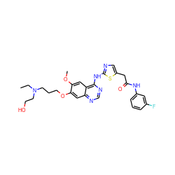 CCN(CCO)CCCOc1cc2ncnc(Nc3ncc(CC(=O)Nc4cccc(F)c4)s3)c2cc1OC ZINC000028568133