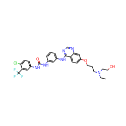 CCN(CCO)CCCOc1ccc2c(Nc3cccc(NC(=O)Nc4ccc(Cl)c(C(F)(F)F)c4)c3)ncnc2c1 ZINC000103297193