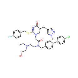 CCN(CCO)CCN(Cc1ccc(-c2ccc(Cl)cc2)cc1)C(=O)Cn1cc(Cc2cnn(C)c2)c(=O)nc1SCc1ccc(F)cc1 ZINC000026576689