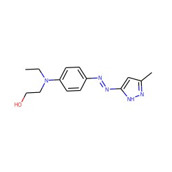 CCN(CCO)c1ccc(N=Nc2cc(C)n[nH]2)cc1 ZINC000252641865