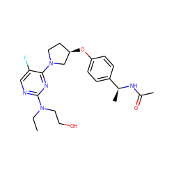 CCN(CCO)c1ncc(F)c(N2CC[C@@H](Oc3ccc([C@H](C)NC(C)=O)cc3)C2)n1 ZINC000261084876