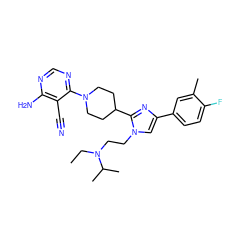 CCN(CCn1cc(-c2ccc(F)c(C)c2)nc1C1CCN(c2ncnc(N)c2C#N)CC1)C(C)C ZINC001772635999