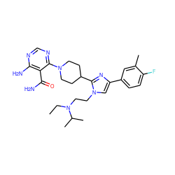 CCN(CCn1cc(-c2ccc(F)c(C)c2)nc1C1CCN(c2ncnc(N)c2C(N)=O)CC1)C(C)C ZINC001772628843