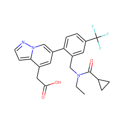 CCN(Cc1cc(C(F)(F)F)ccc1-c1cc(CC(=O)O)c2ccnn2c1)C(=O)C1CC1 ZINC000299822200