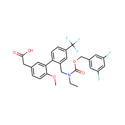 CCN(Cc1cc(C(F)(F)F)ccc1-c1cc(CC(=O)O)ccc1OC)C(=O)OCc1cc(F)cc(F)c1 ZINC000073165852