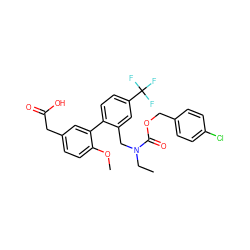 CCN(Cc1cc(C(F)(F)F)ccc1-c1cc(CC(=O)O)ccc1OC)C(=O)OCc1ccc(Cl)cc1 ZINC000073167369