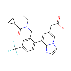 CCN(Cc1cc(C(F)(F)F)ccc1-c1cc(CC(=O)O)cn2ccnc12)C(=O)C1CC1 ZINC000299828397