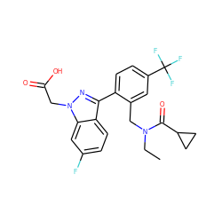 CCN(Cc1cc(C(F)(F)F)ccc1-c1nn(CC(=O)O)c2cc(F)ccc12)C(=O)C1CC1 ZINC000208543398