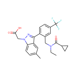 CCN(Cc1cc(C(F)(F)F)ccc1-c1nn(CC(=O)O)c2ccc(C)cc12)C(=O)C1CC1 ZINC000208600141