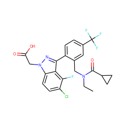 CCN(Cc1cc(C(F)(F)F)ccc1-c1nn(CC(=O)O)c2ccc(Cl)c(F)c12)C(=O)C1CC1 ZINC000208542500