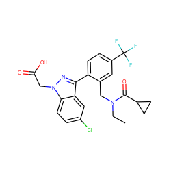 CCN(Cc1cc(C(F)(F)F)ccc1-c1nn(CC(=O)O)c2ccc(Cl)cc12)C(=O)C1CC1 ZINC000208545772