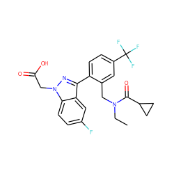 CCN(Cc1cc(C(F)(F)F)ccc1-c1nn(CC(=O)O)c2ccc(F)cc12)C(=O)C1CC1 ZINC000208545081