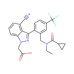 CCN(Cc1cc(C(F)(F)F)ccc1-c1nn(CC(=O)O)c2cccc(C#N)c12)C(=O)C1CC1 ZINC000208600524