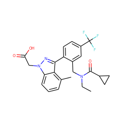 CCN(Cc1cc(C(F)(F)F)ccc1-c1nn(CC(=O)O)c2cccc(C)c12)C(=O)C1CC1 ZINC000208545995