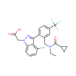 CCN(Cc1cc(C(F)(F)F)ccc1-c1nn(CC(=O)O)c2cccc(Cl)c12)C(=O)C1CC1 ZINC000208593294