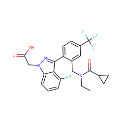 CCN(Cc1cc(C(F)(F)F)ccc1-c1nn(CC(=O)O)c2cccc(F)c12)C(=O)C1CC1 ZINC000208605888