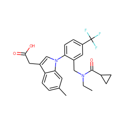 CCN(Cc1cc(C(F)(F)F)ccc1-n1cc(CC(=O)O)c2ccc(C)cc21)C(=O)C1CC1 ZINC000208792824