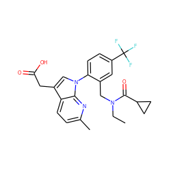 CCN(Cc1cc(C(F)(F)F)ccc1-n1cc(CC(=O)O)c2ccc(C)nc21)C(=O)C1CC1 ZINC000208540583