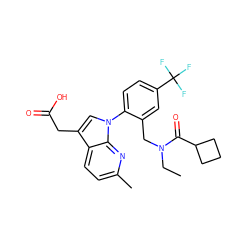 CCN(Cc1cc(C(F)(F)F)ccc1-n1cc(CC(=O)O)c2ccc(C)nc21)C(=O)C1CCC1 ZINC000208716493