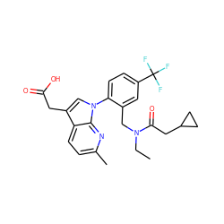 CCN(Cc1cc(C(F)(F)F)ccc1-n1cc(CC(=O)O)c2ccc(C)nc21)C(=O)CC1CC1 ZINC000208717399