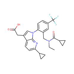 CCN(Cc1cc(C(F)(F)F)ccc1-n1cc(CC(=O)O)c2ccc(C3CC3)nc21)C(=O)C1CC1 ZINC000208554786