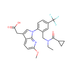 CCN(Cc1cc(C(F)(F)F)ccc1-n1cc(CC(=O)O)c2ccc(OC)nc21)C(=O)C1CC1 ZINC000208543450