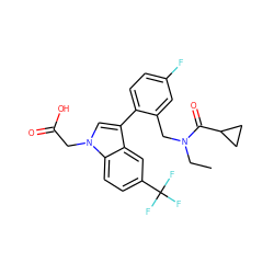 CCN(Cc1cc(F)ccc1-c1cn(CC(=O)O)c2ccc(C(F)(F)F)cc12)C(=O)C1CC1 ZINC000208602283