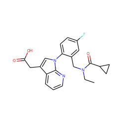 CCN(Cc1cc(F)ccc1-n1cc(CC(=O)O)c2cccnc21)C(=O)C1CC1 ZINC000208541970