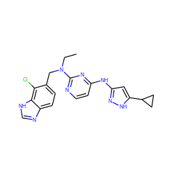 CCN(Cc1ccc2nc[nH]c2c1Cl)c1nccc(Nc2cc(C3CC3)[nH]n2)n1 ZINC000473169060