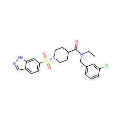 CCN(Cc1cccc(Cl)c1)C(=O)C1CCN(S(=O)(=O)c2ccc3cn[nH]c3c2)CC1 ZINC000204961409