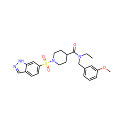 CCN(Cc1cccc(OC)c1)C(=O)C1CCN(S(=O)(=O)c2ccc3cn[nH]c3c2)CC1 ZINC000204961379