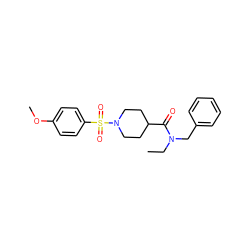 CCN(Cc1ccccc1)C(=O)C1CCN(S(=O)(=O)c2ccc(OC)cc2)CC1 ZINC000015083563