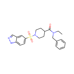 CCN(Cc1ccccc1)C(=O)C1CCN(S(=O)(=O)c2ccc3[nH]ncc3c2)CC1 ZINC000204959845