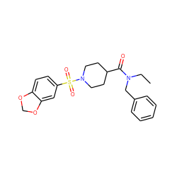 CCN(Cc1ccccc1)C(=O)C1CCN(S(=O)(=O)c2ccc3c(c2)OCO3)CC1 ZINC000204964807