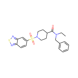 CCN(Cc1ccccc1)C(=O)C1CCN(S(=O)(=O)c2ccc3nsnc3c2)CC1 ZINC000205402766