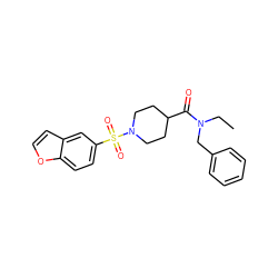 CCN(Cc1ccccc1)C(=O)C1CCN(S(=O)(=O)c2ccc3occc3c2)CC1 ZINC000204960427