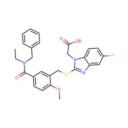 CCN(Cc1ccccc1)C(=O)c1ccc(OC)c(CSc2nc3cc(F)ccc3n2CC(=O)O)c1 ZINC000084654133