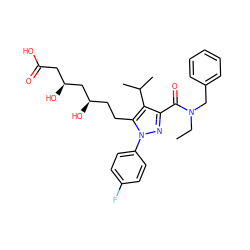 CCN(Cc1ccccc1)C(=O)c1nn(-c2ccc(F)cc2)c(CC[C@@H](O)C[C@@H](O)CC(=O)O)c1C(C)C ZINC000014974344