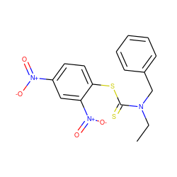 CCN(Cc1ccccc1)C(=S)Sc1ccc([N+](=O)[O-])cc1[N+](=O)[O-] ZINC000095577903