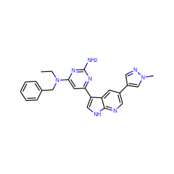 CCN(Cc1ccccc1)c1cc(-c2c[nH]c3ncc(-c4cnn(C)c4)cc23)nc(N)n1 ZINC000169700753