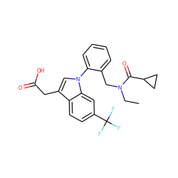 CCN(Cc1ccccc1-n1cc(CC(=O)O)c2ccc(C(F)(F)F)cc21)C(=O)C1CC1 ZINC000208729126